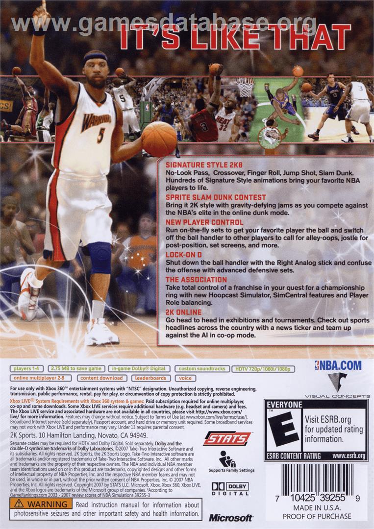 NBA 2K8 - Microsoft Xbox 360 - Artwork - Box Back
