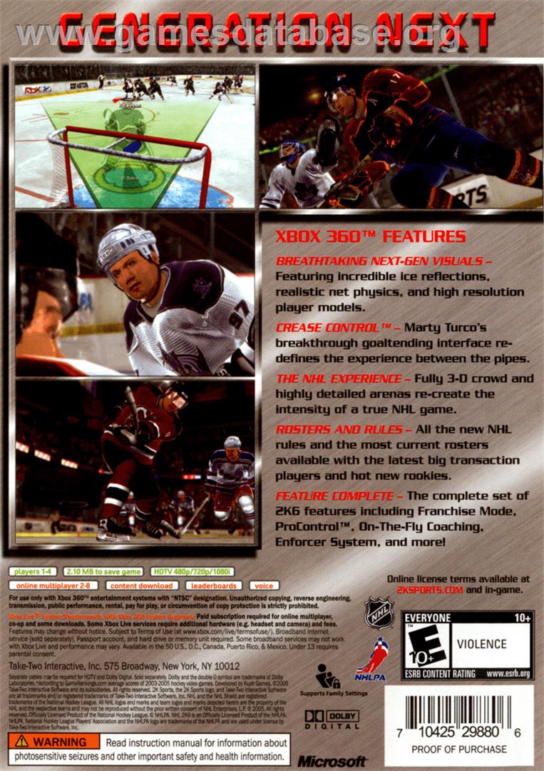 NHL 2K6 - Microsoft Xbox 360 - Artwork - Box Back