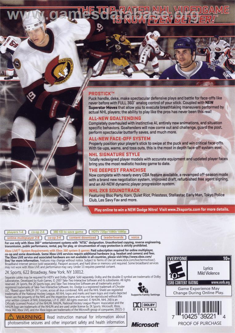 NHL 2K8 - Microsoft Xbox 360 - Artwork - Box Back