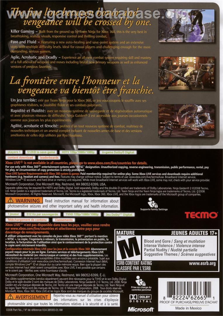 NINJA GAIDEN 2 - Microsoft Xbox 360 - Artwork - Box Back