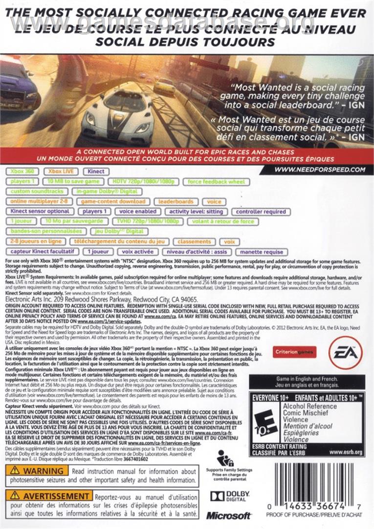 Need For Speed - Most Wanted (2005) - Microsoft Xbox 360 - Artwork - Box Back