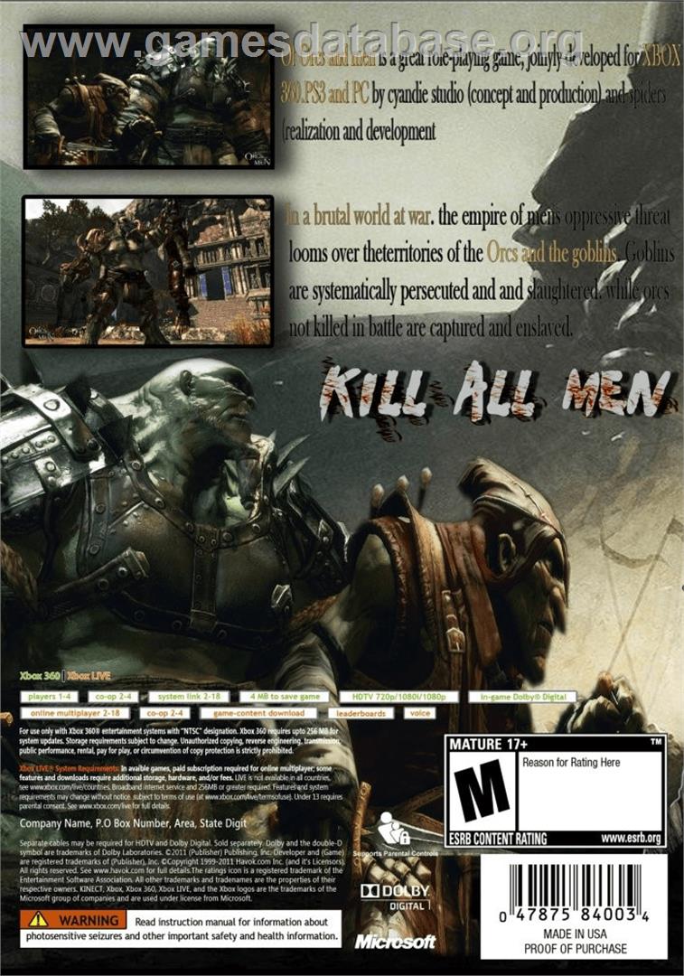 Of Orcs And Men - Microsoft Xbox 360 - Artwork - Box Back