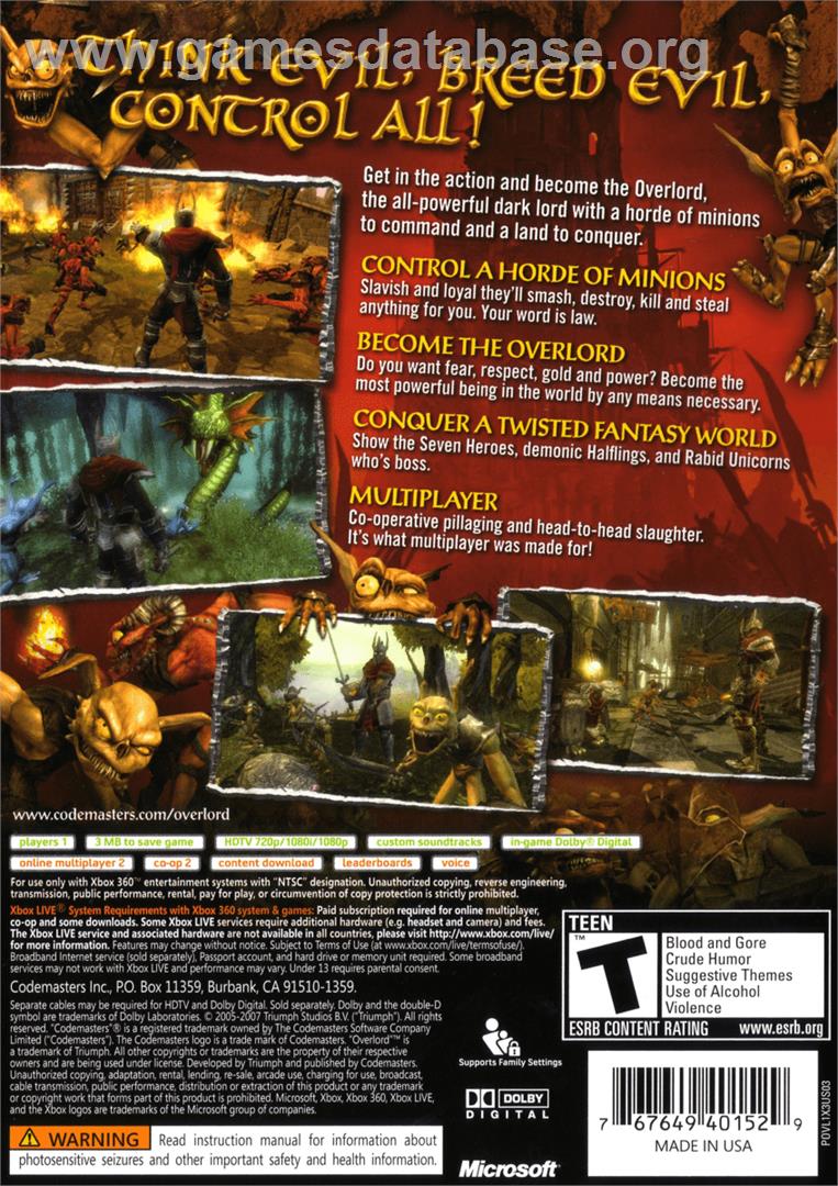 Overlord - Microsoft Xbox 360 - Artwork - Box Back