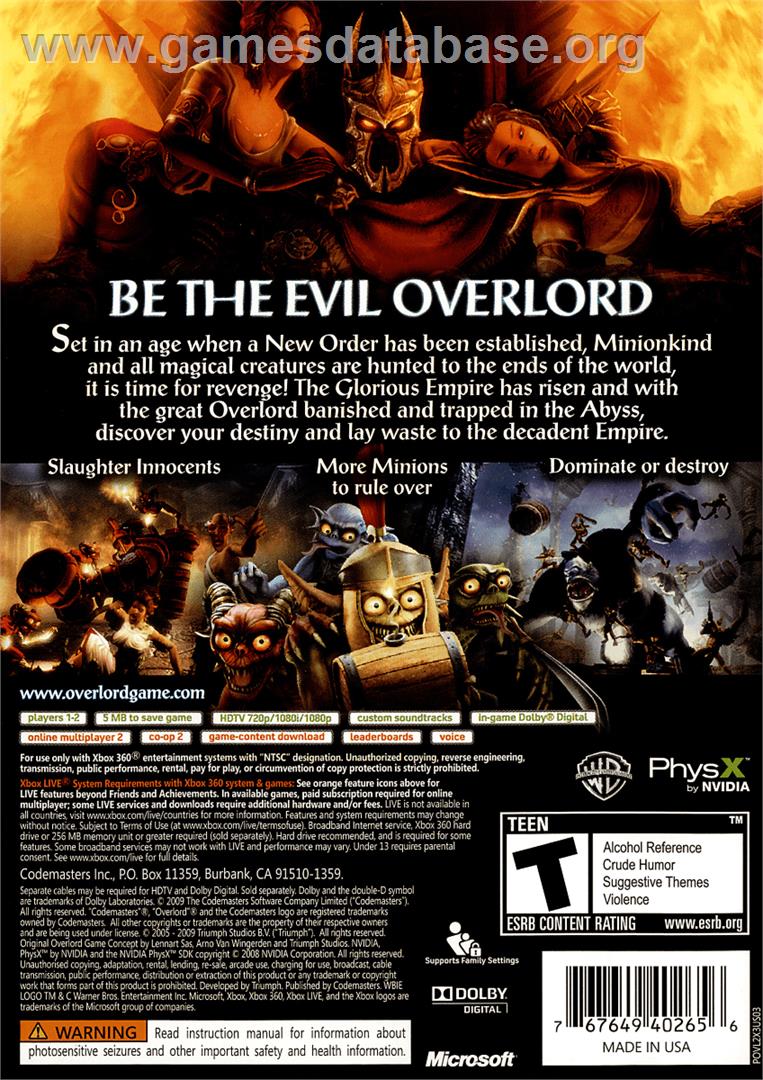 Overlord 2 - Microsoft Xbox 360 - Artwork - Box Back