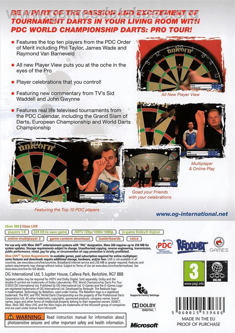 PDC World Championship Darts: Pro Tour - Microsoft Xbox 360 - Artwork - Box Back