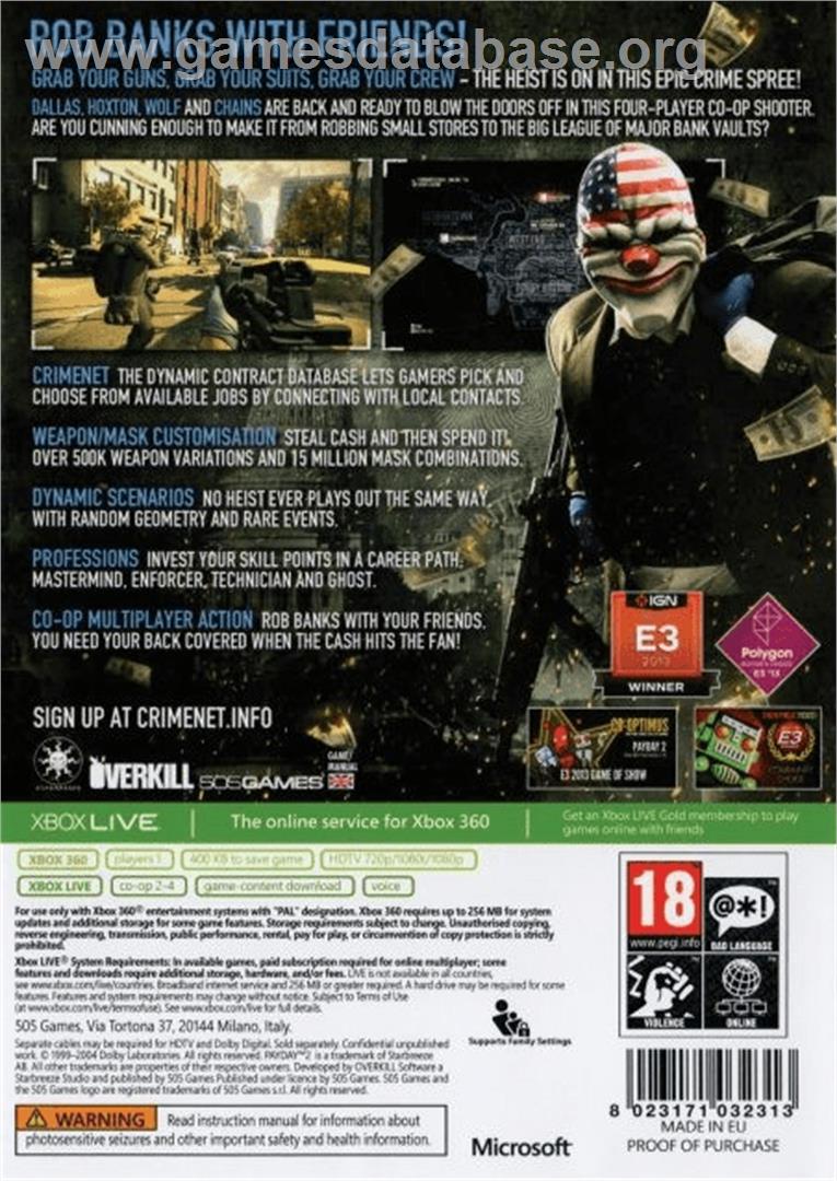 Payday 2 - Microsoft Xbox 360 - Artwork - Box Back