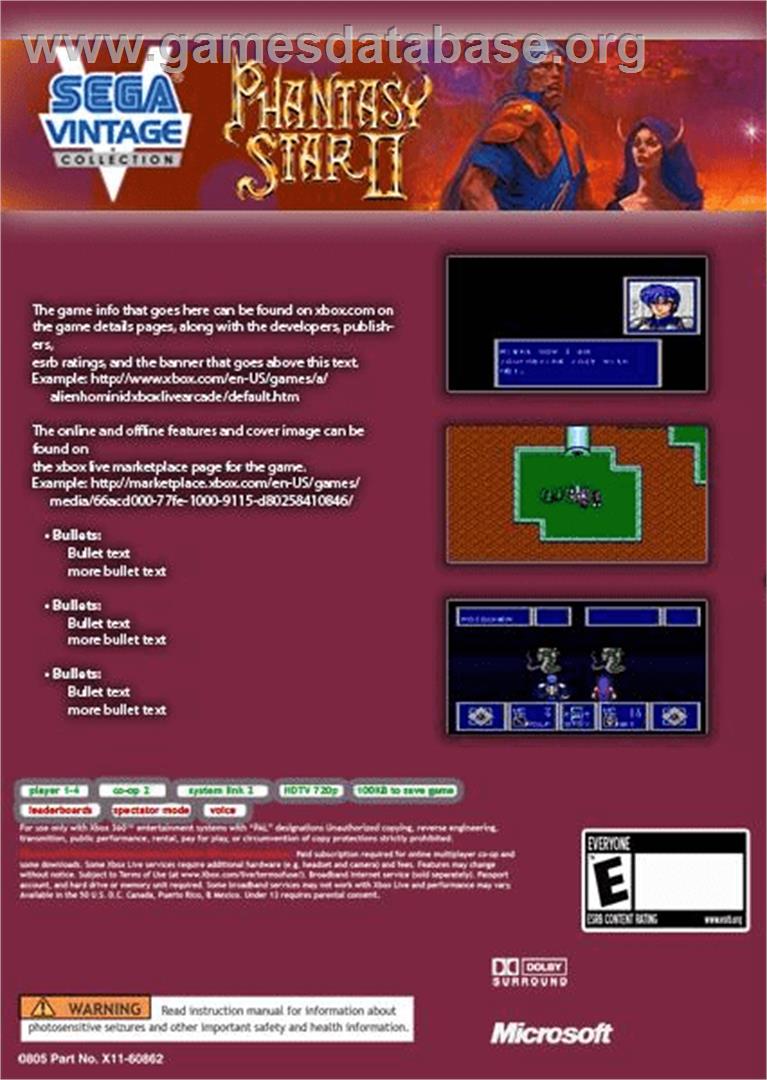 Phantasy Star 2 - Microsoft Xbox 360 - Artwork - Box Back