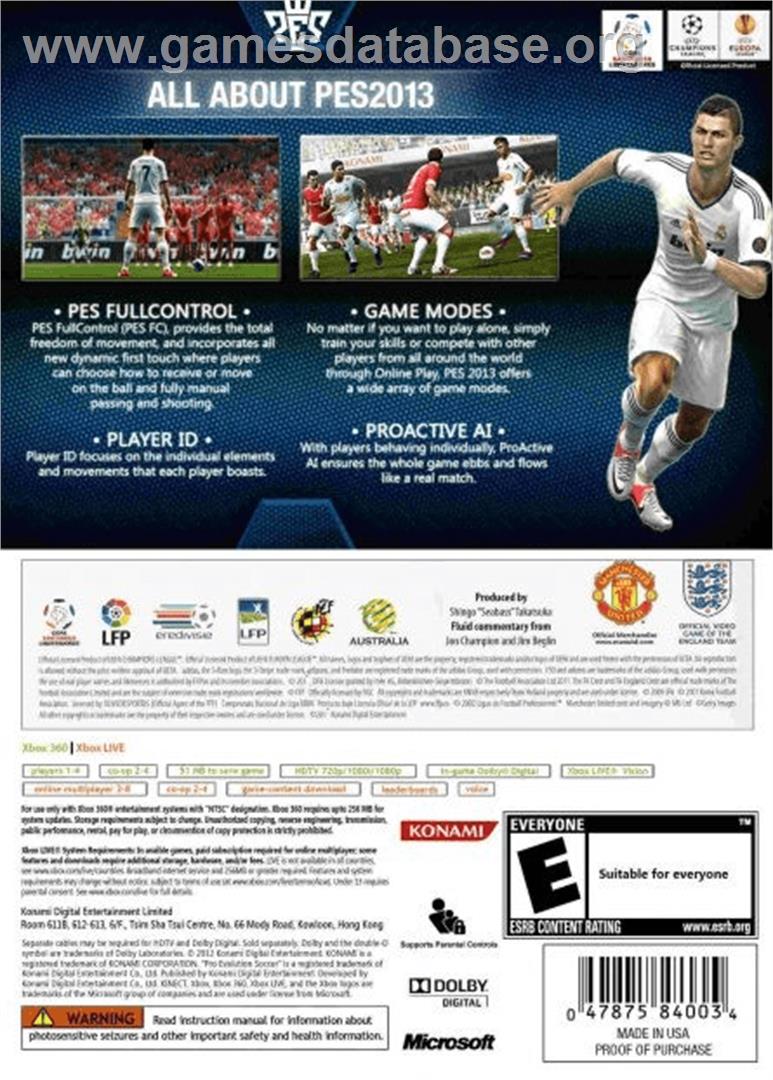 Pro Evolution Soccer 2013 - Microsoft Xbox 360 - Artwork - Box Back