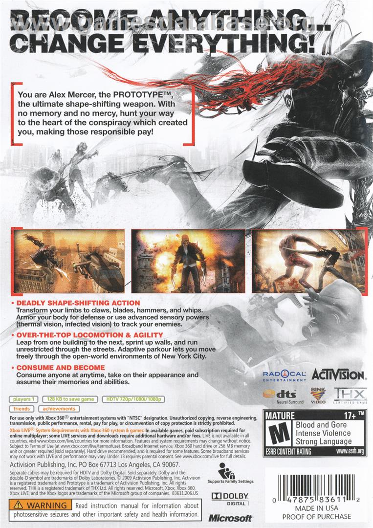Prototype - Microsoft Xbox 360 - Artwork - Box Back