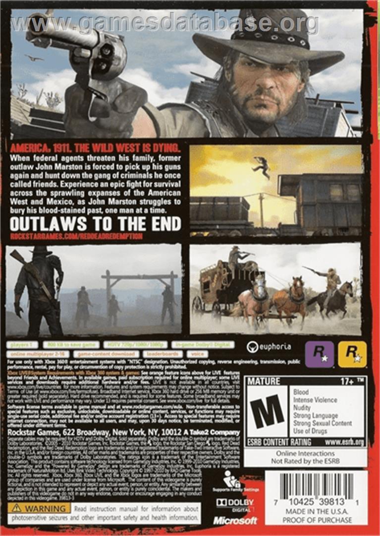 Red Dead Redemption Microsoft Xbox 360 Artwork Box Back