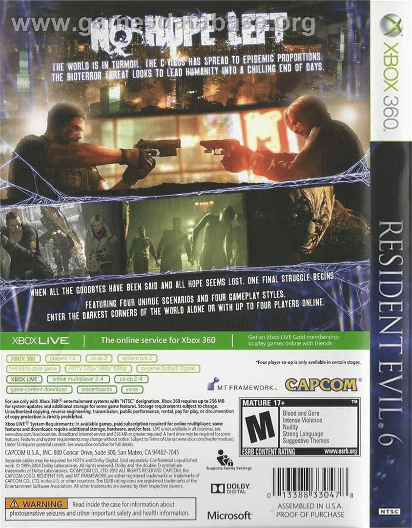 Resident Evil 6 - Microsoft Xbox 360 - Artwork - Box Back
