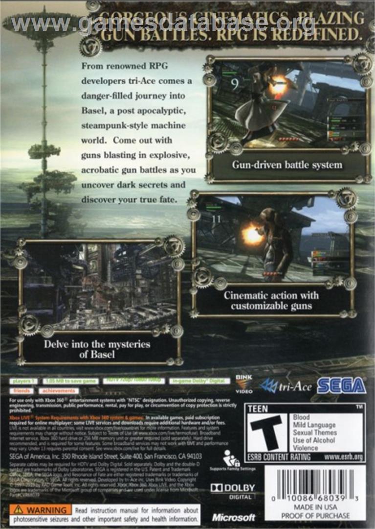 Resonance of Fate - Microsoft Xbox 360 - Artwork - Box Back