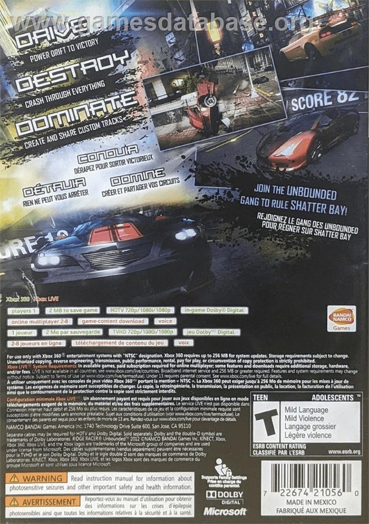 Ridge Racer Unbounded - Microsoft Xbox 360 - Artwork - Box Back