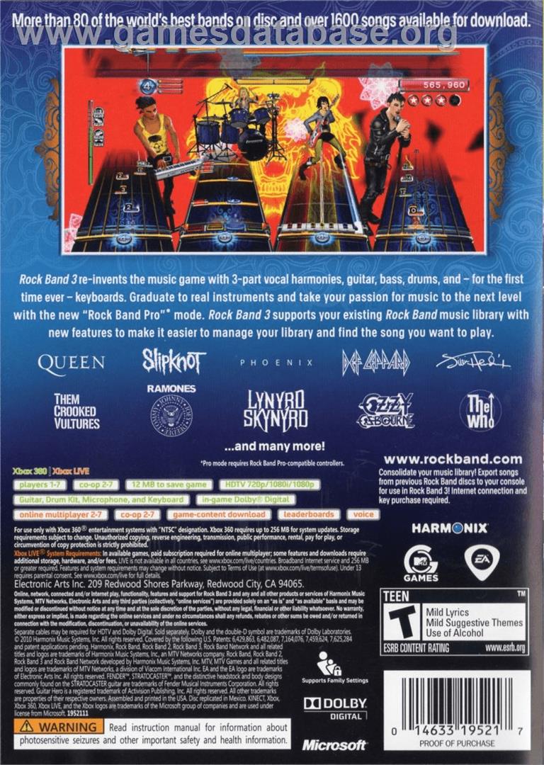 Rock Band 3 - Microsoft Xbox 360 - Artwork - Box Back