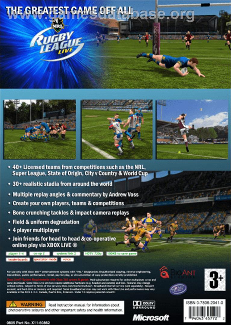Rugby League Live - Microsoft Xbox 360 - Artwork - Box Back