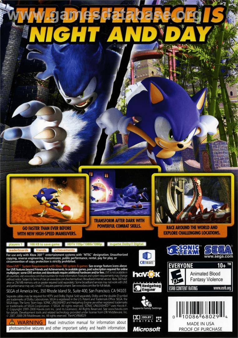 SONIC UNLEASHED - Microsoft Xbox 360 - Artwork - Box Back