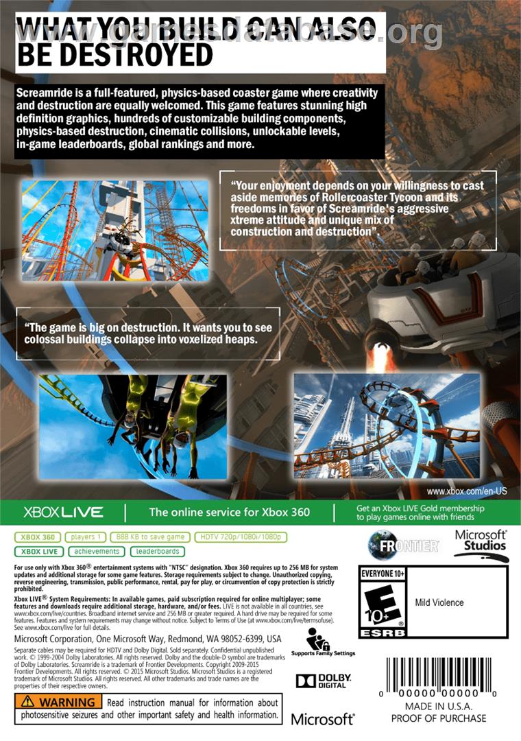Screamride - Microsoft Xbox 360 - Artwork - Box Back