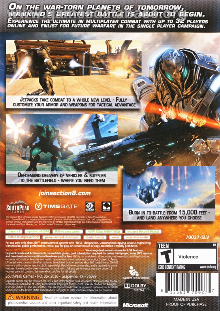 Section 8 - Microsoft Xbox 360 - Artwork - Box Back