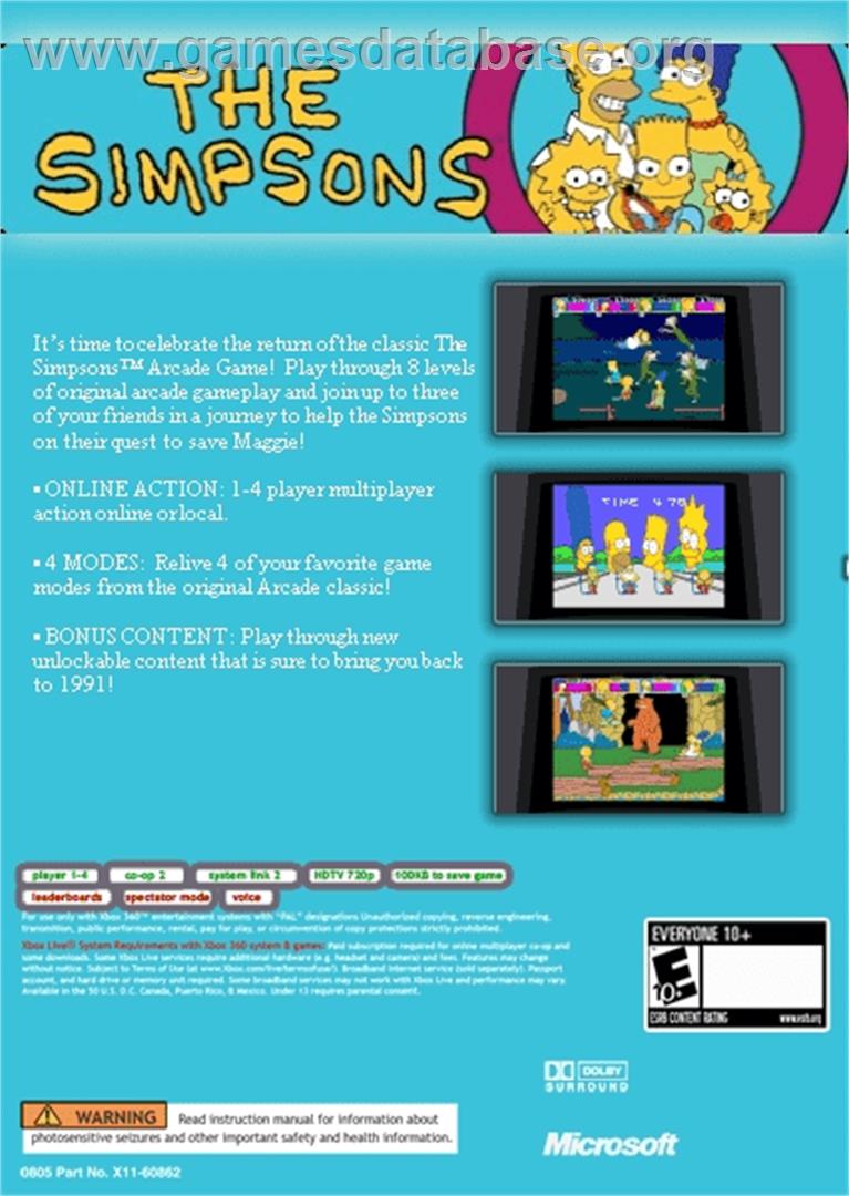 Simpsons - Arcade Game, The - Microsoft Xbox 360 - Artwork - Box Back