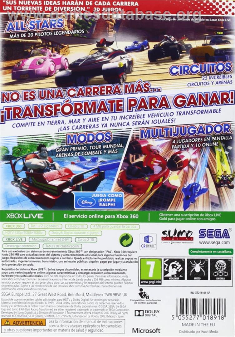 Sonic And All Stars Racing Transformed - Microsoft Xbox 360 - Artwork - Box Back