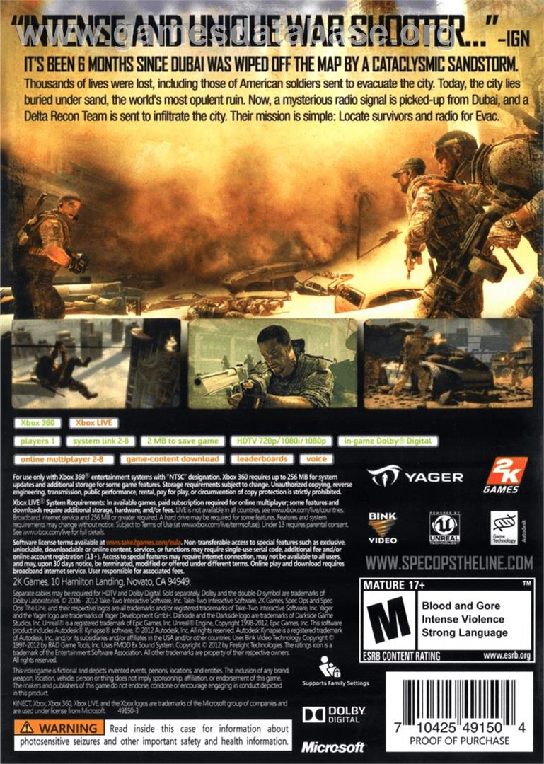 Spec Ops: The Line - Microsoft Xbox 360 - Artwork - Box Back