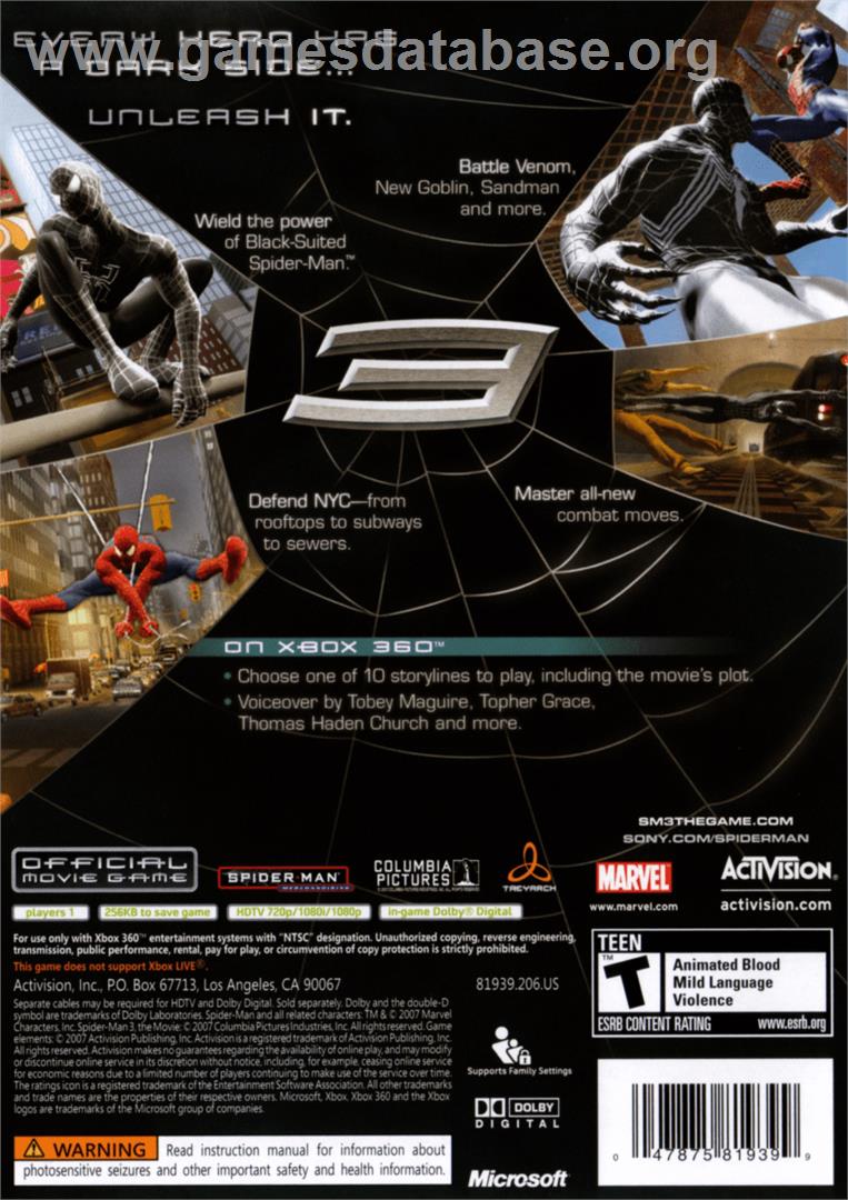 Spider-Man:Dimensions - Microsoft Xbox 360 - Artwork - Box Back