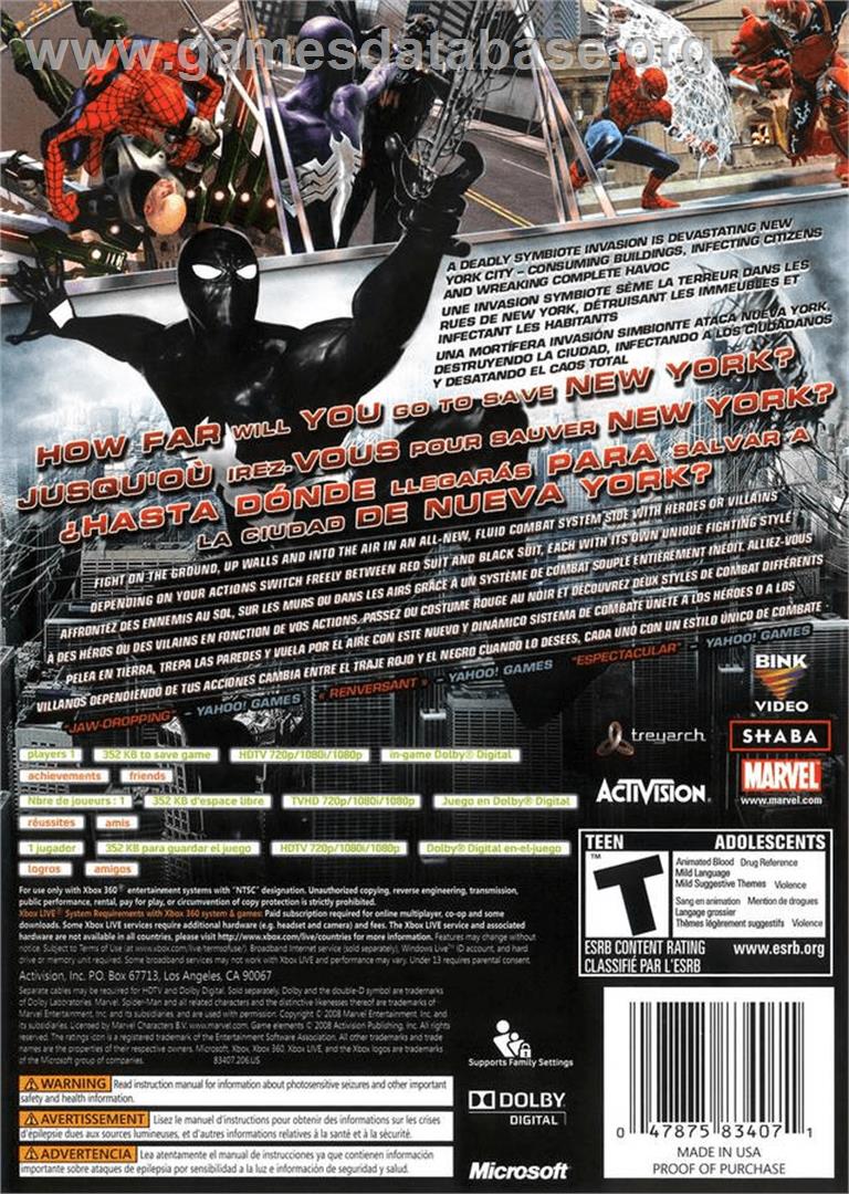 Spider-Man - Web of Shadows - Microsoft Xbox 360 - Artwork - Box Back