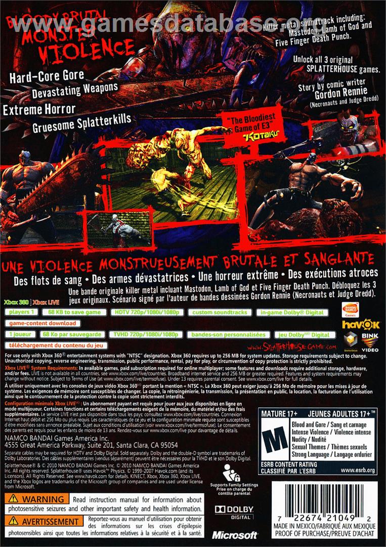 Splatterhouse - Microsoft Xbox 360 - Artwork - Box Back