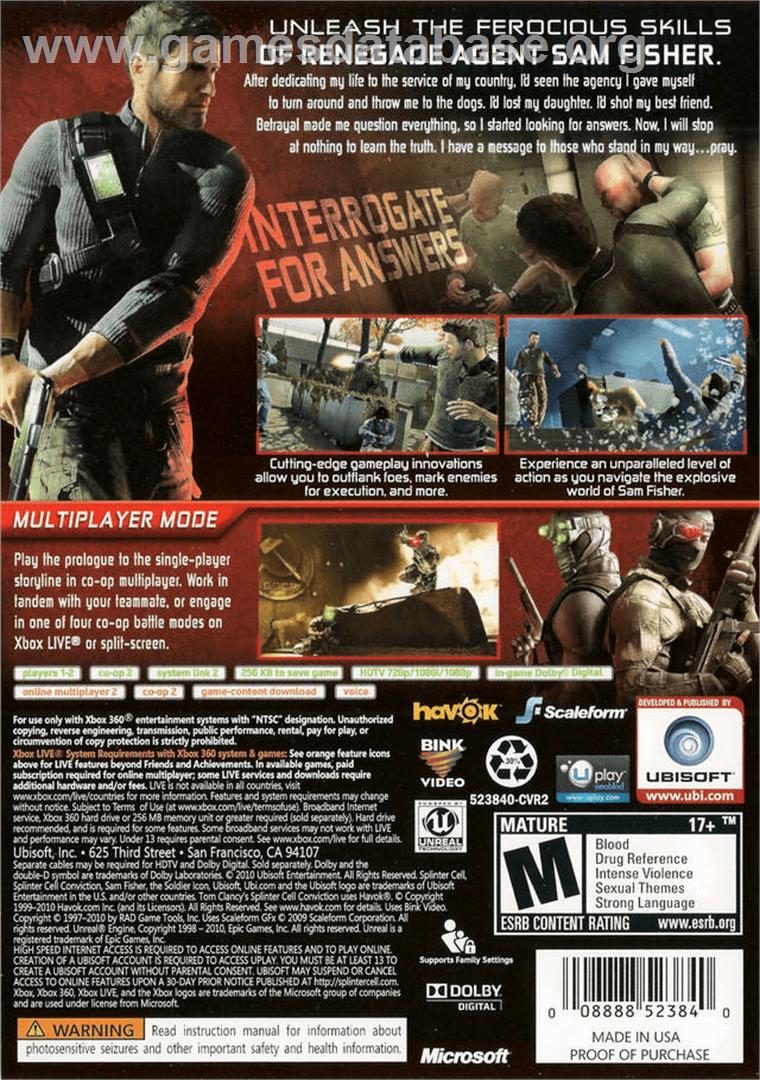 Splinter Cell Conviction - Microsoft Xbox 360 - Artwork - Box Back