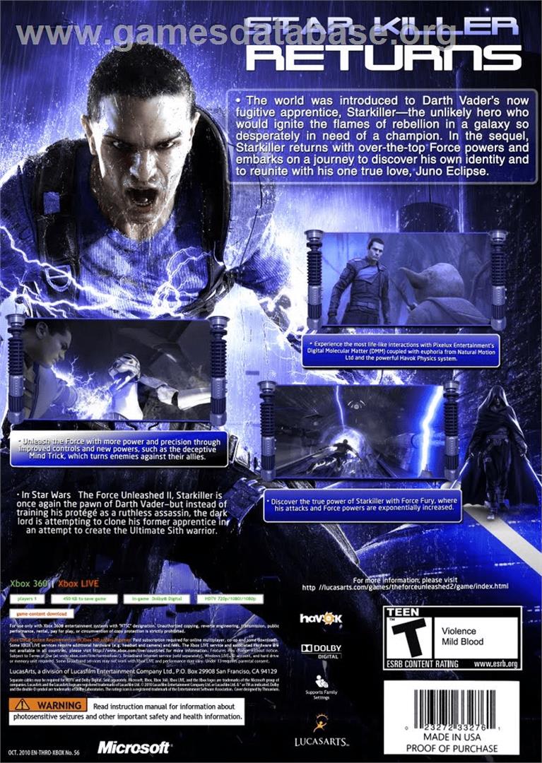 Star Wars - The Force Unleashed II - Microsoft Xbox 360 - Artwork - Box Back
