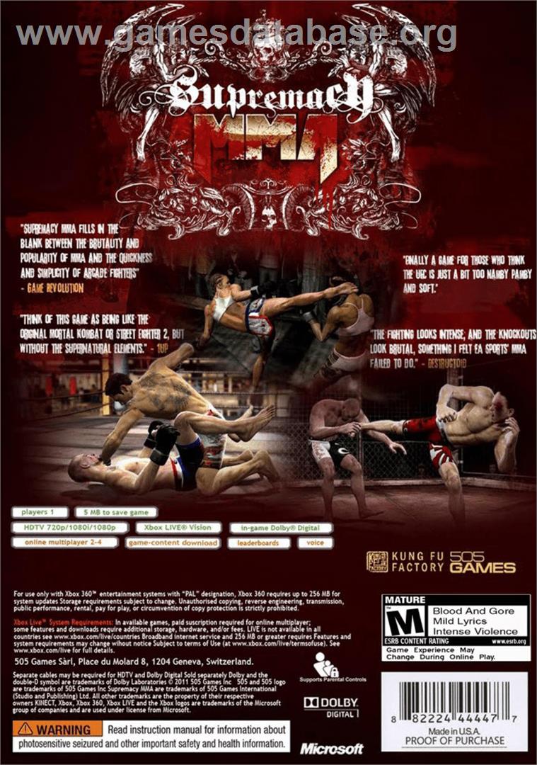 Supremacy MMA - Microsoft Xbox 360 - Artwork - Box Back