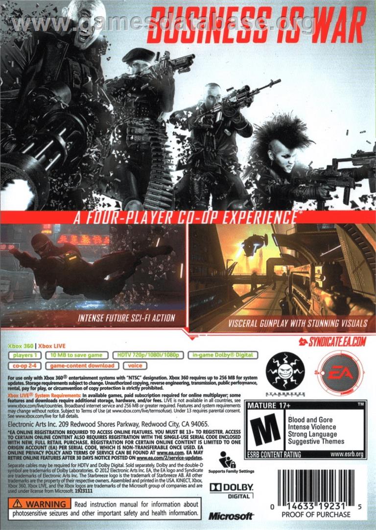 Syndicate - Microsoft Xbox 360 - Artwork - Box Back
