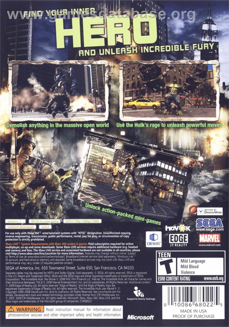 The Incredible Hulk - Microsoft Xbox 360 - Artwork - Box Back