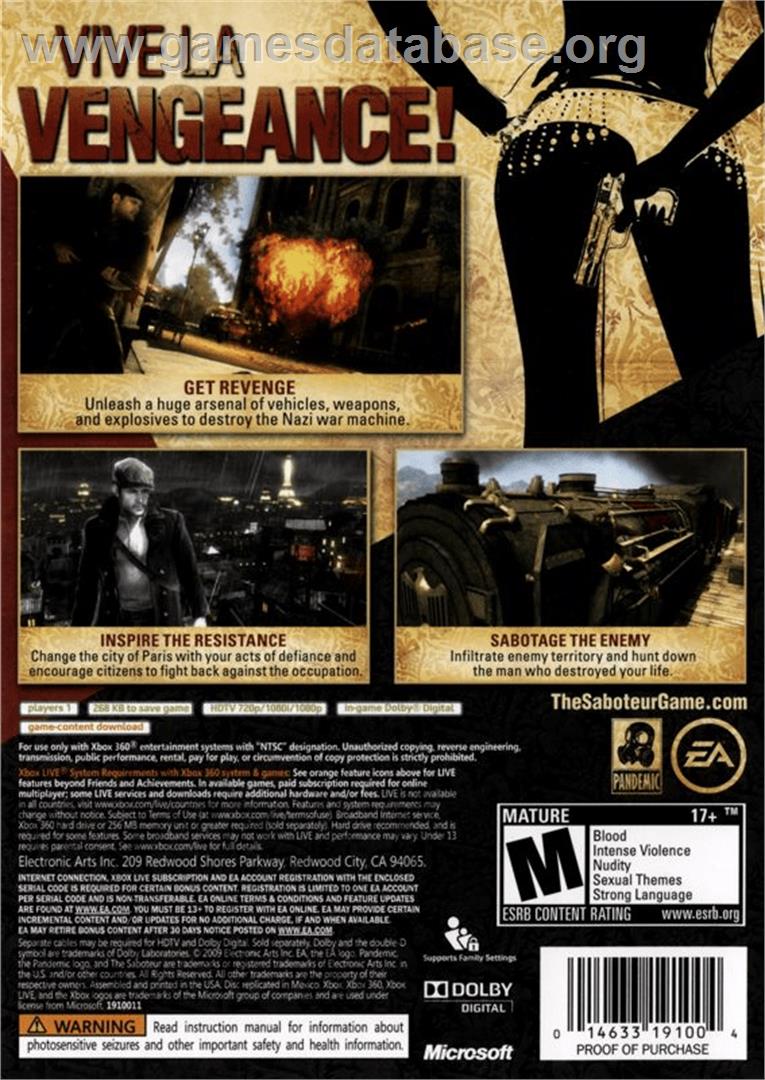 The Saboteur - Microsoft Xbox 360 - Artwork - Box Back
