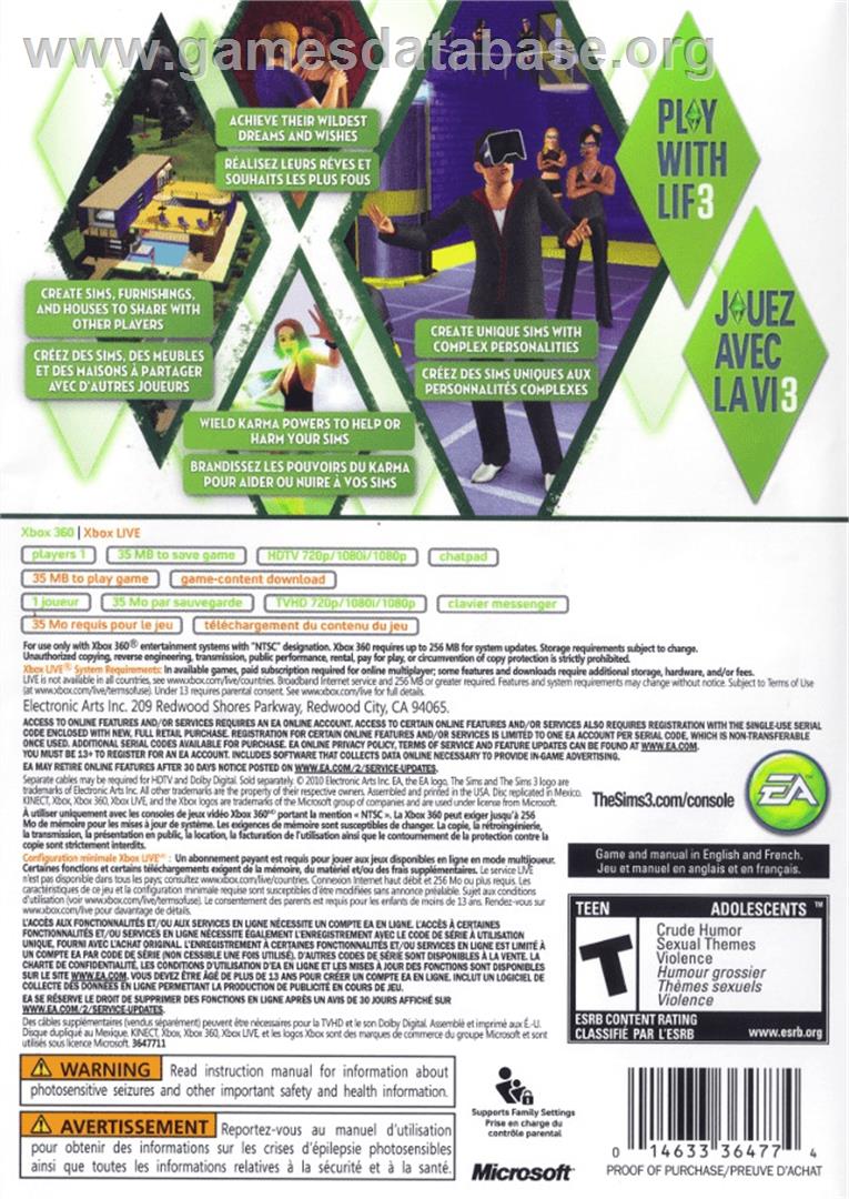 The Sims 3 - Microsoft Xbox 360 - Artwork - Box Back
