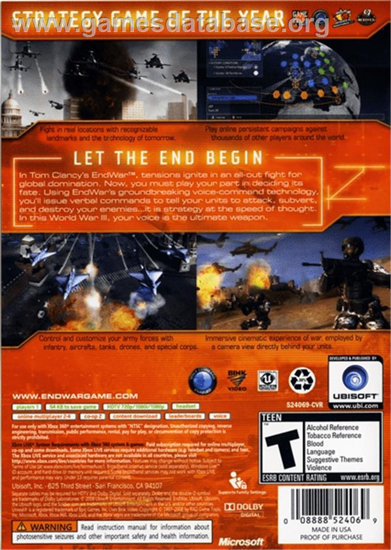 Tom Clancy's Endwar - Microsoft Xbox 360 - Artwork - Box Back