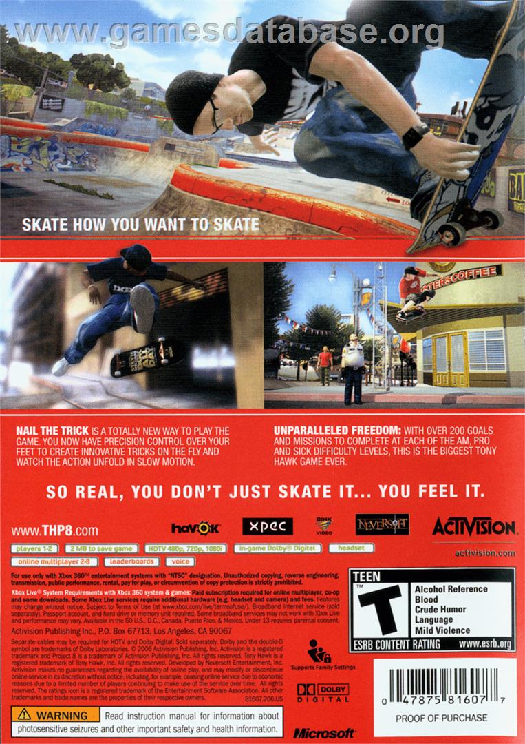 Tony Hawk's Project 8 - Microsoft Xbox 360 - Artwork - Box Back