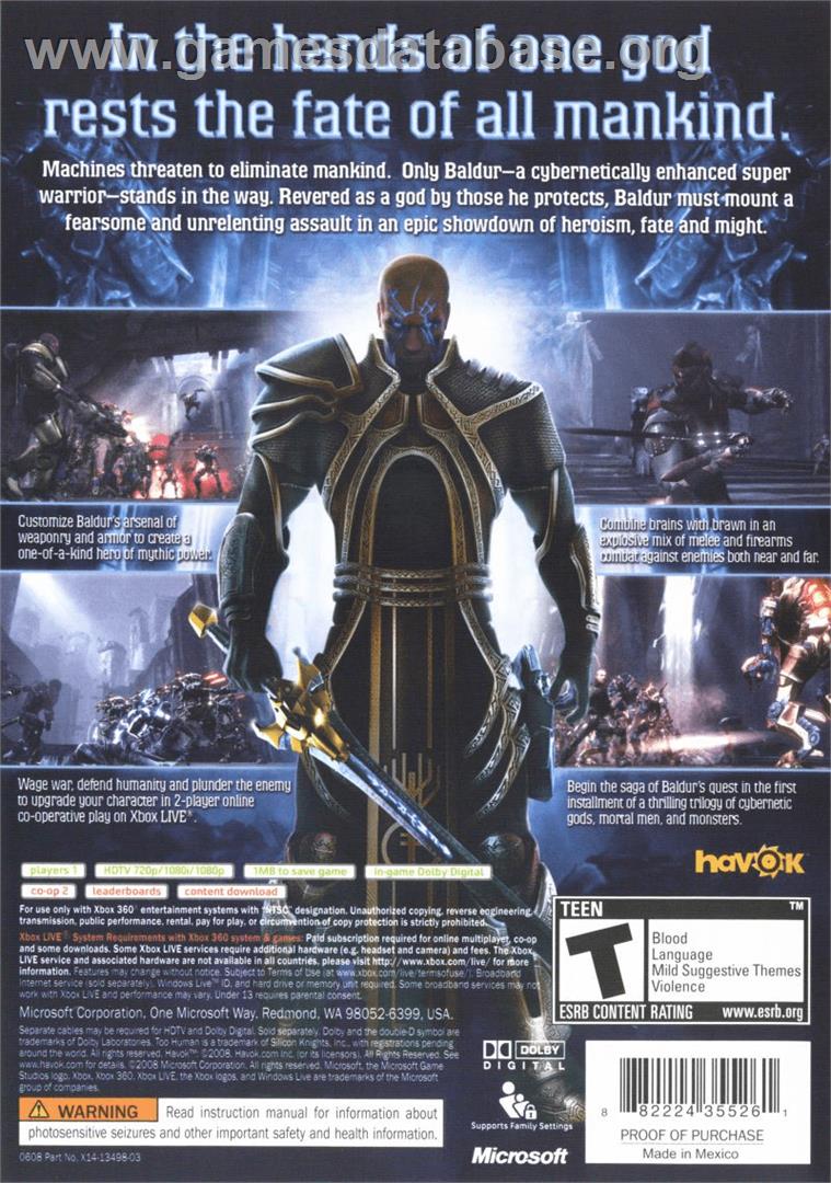 Too Human - Microsoft Xbox 360 - Artwork - Box Back