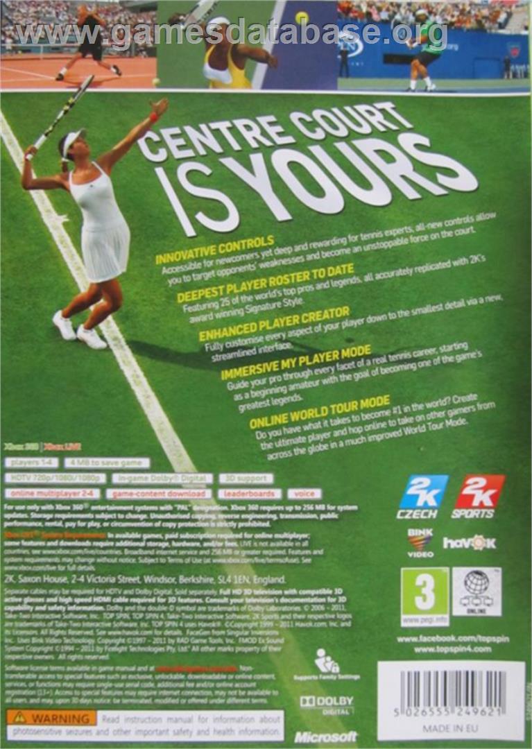 Top Spin 4 - Microsoft Xbox 360 - Artwork - Box Back