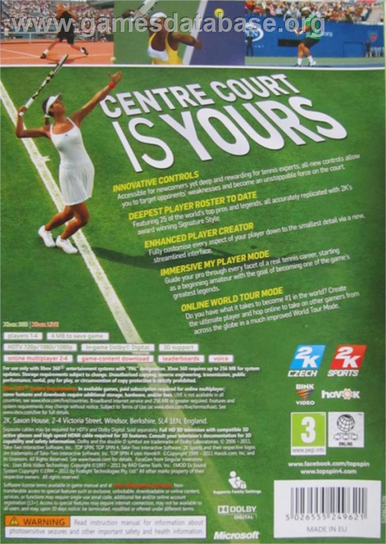 Top Spin 4 - Microsoft Xbox 360 - Artwork - Box Back