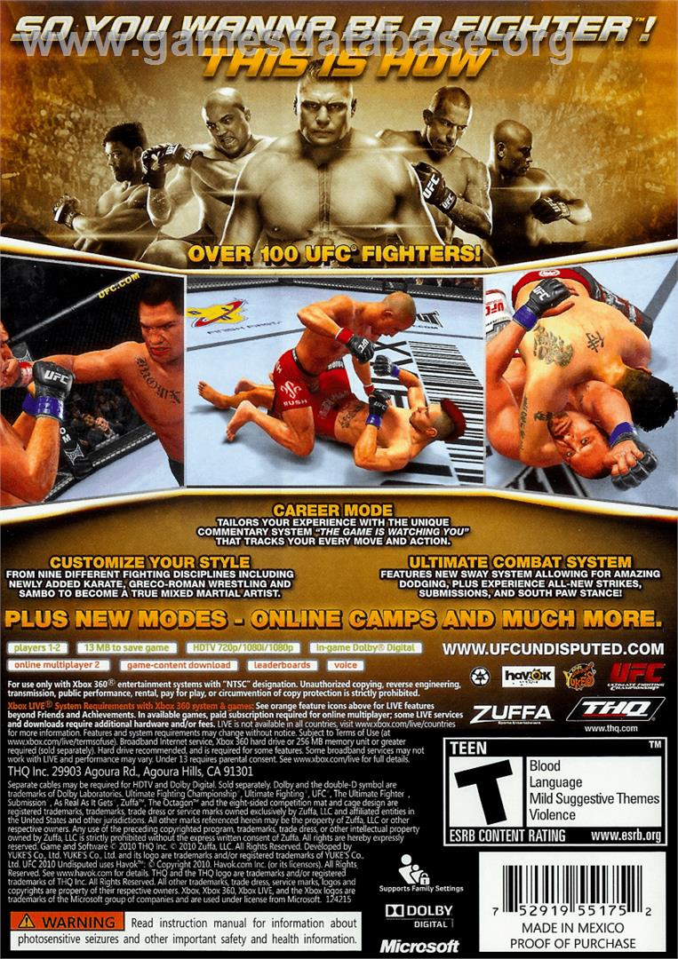 UFC Undisputed 2010 - Microsoft Xbox 360 - Artwork - Box Back