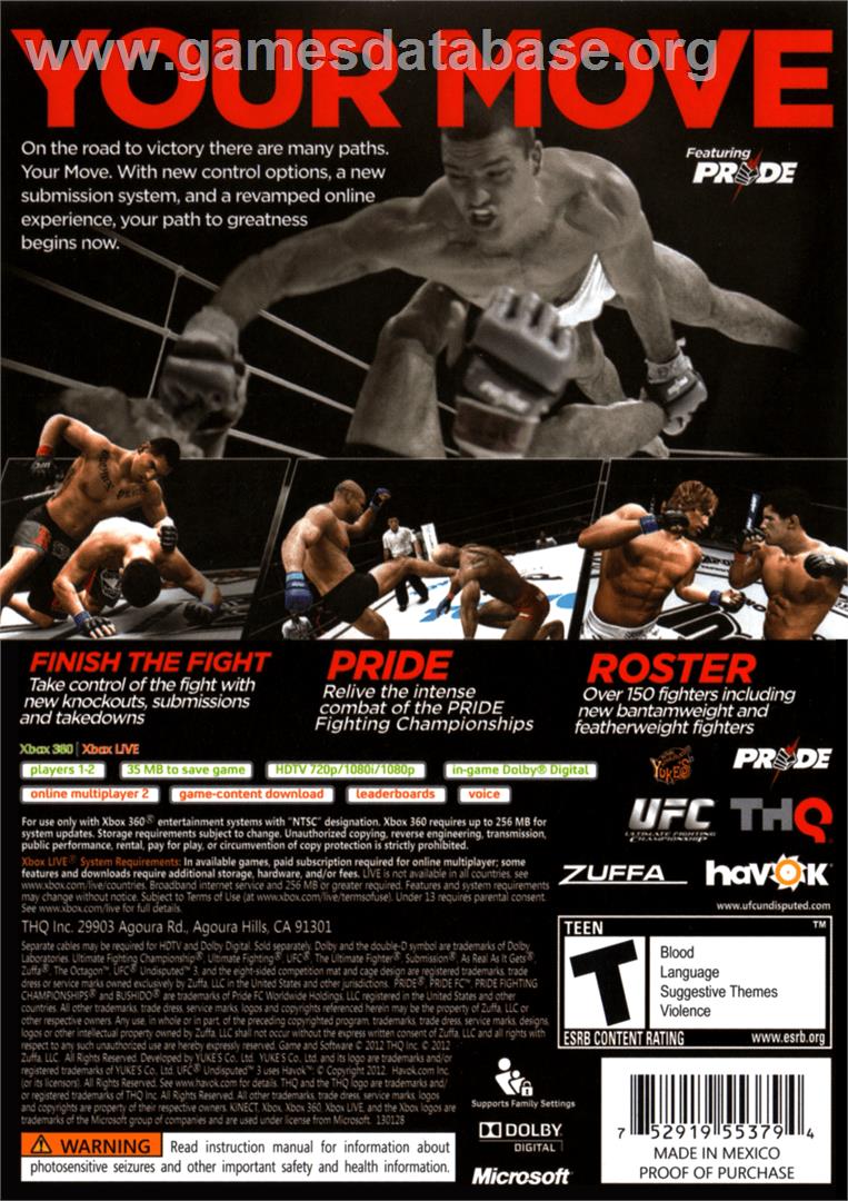 UFC Undisputed 3 - Microsoft Xbox 360 - Artwork - Box Back