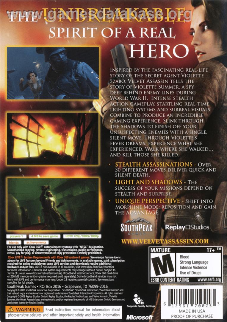 Velvet Assassin - Microsoft Xbox 360 - Artwork - Box Back