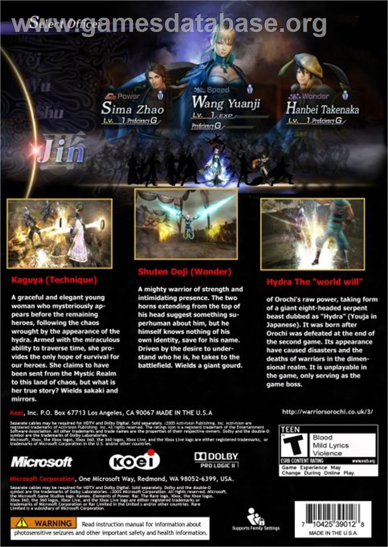 WARRIORS OROCHI 3 - Microsoft Xbox 360 - Artwork - Box Back
