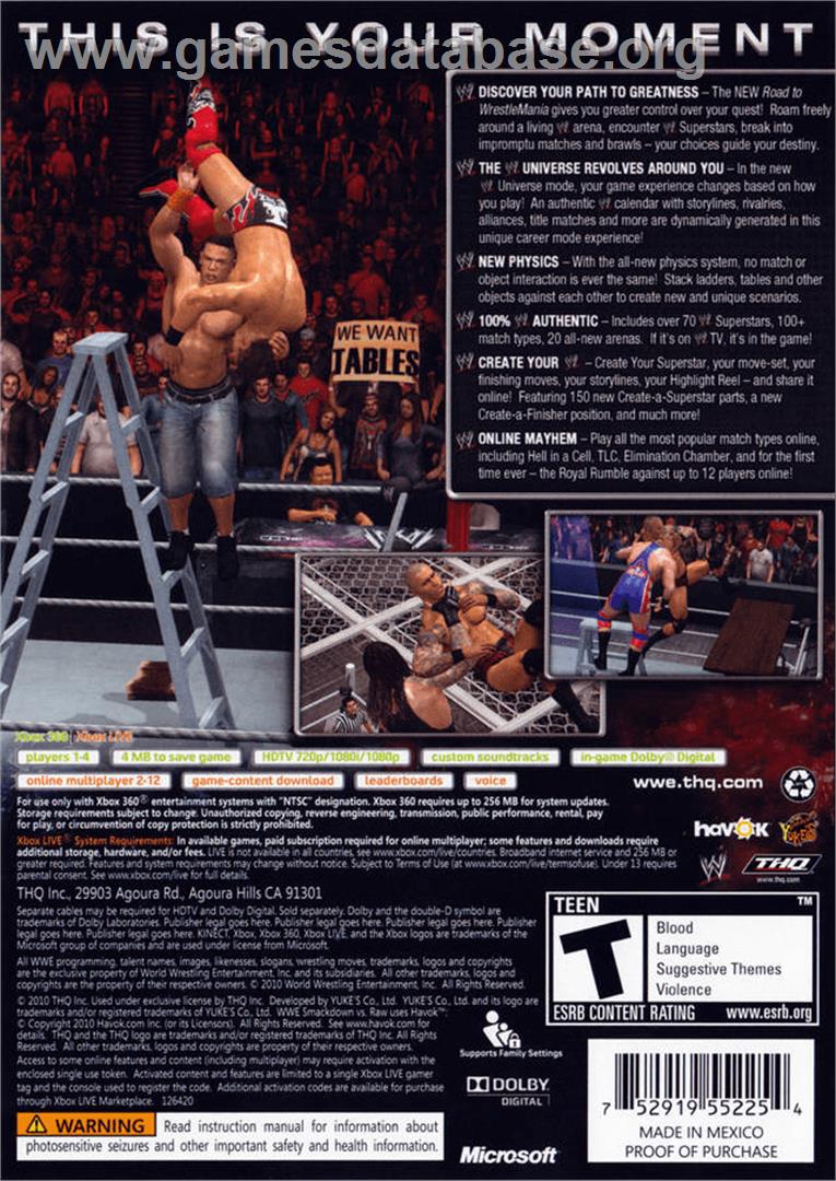 WWE Smackdown vs. Raw 2011 - Microsoft Xbox 360 - Artwork - Box Back