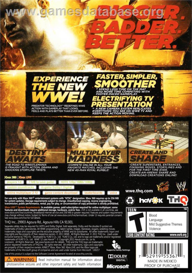 Wwe'12 - Microsoft Xbox 360 - Artwork - Box Back