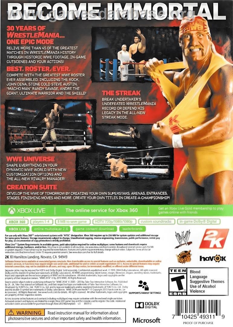 Wwe 2k14 - Microsoft Xbox 360 - Artwork - Box Back