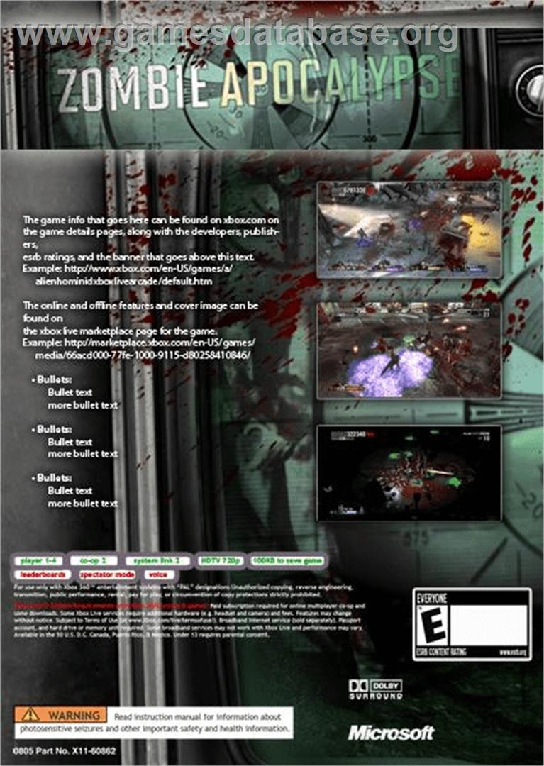 Zombie Apocalypse - Microsoft Xbox 360 - Artwork - Box Back