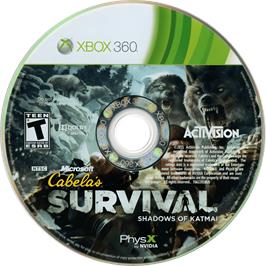 Cartridge artwork for Cabela's Survival - Shadows Of Katmai on the Microsoft Xbox 360.