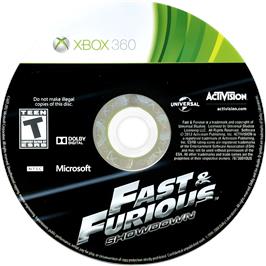 Cartridge artwork for Fast And Furious - Showdown on the Microsoft Xbox 360.
